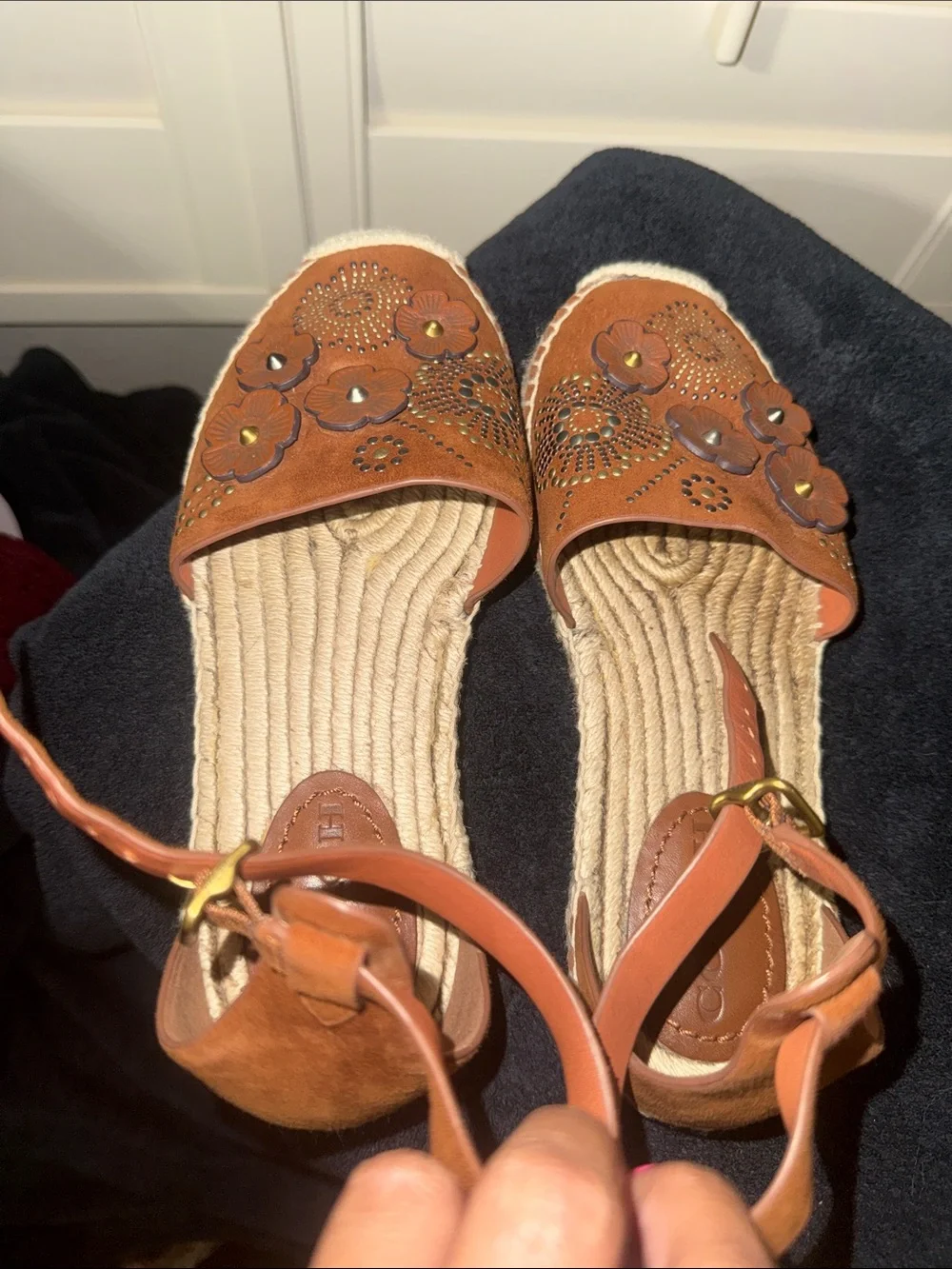 Coach Brown Floral Suede Espadrille Wedge Sandals